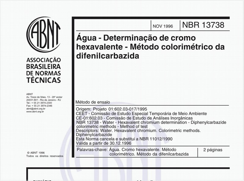 Água - Determinação de cromo hexavalente - Método colorimétrico da difenilcarbazida