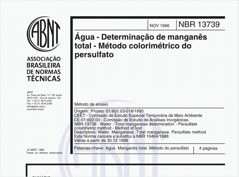 Água - Determinação de manganês total - Método colorimétrico do persulfato