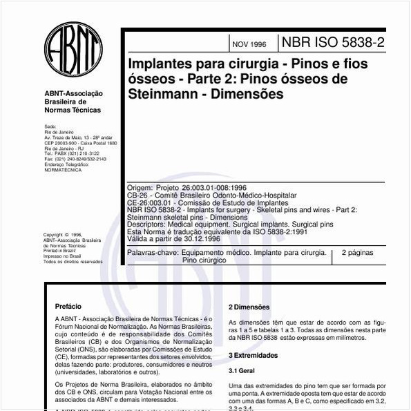 Implantes para cirurgia - Pinos e fios ósseos - Parte 2: Pinos ósseos de Steinmann - Dimensões