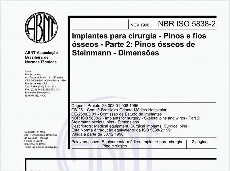 Implantes para cirurgia - Pinos e fios ósseos - Parte 2: Pinos ósseos de Steinmann - Dimensões