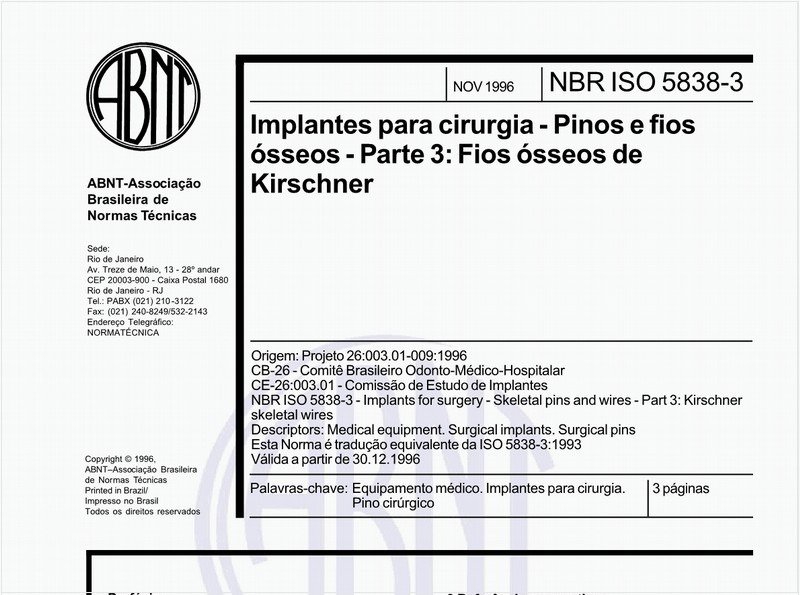 Implantes para cirurgia - Pinos e fios ósseos - Parte 3: Fios ósseos de Kirschneer