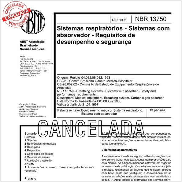 Sistemas respiratórios - Sistemas com absorvedor - Requisitos de desempenho e segurança