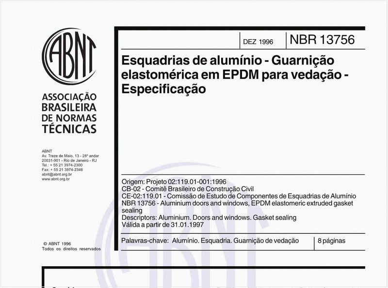 Esquadrias de alumínio - Guarnição elastomérica em EPDM para vedação - Especificação