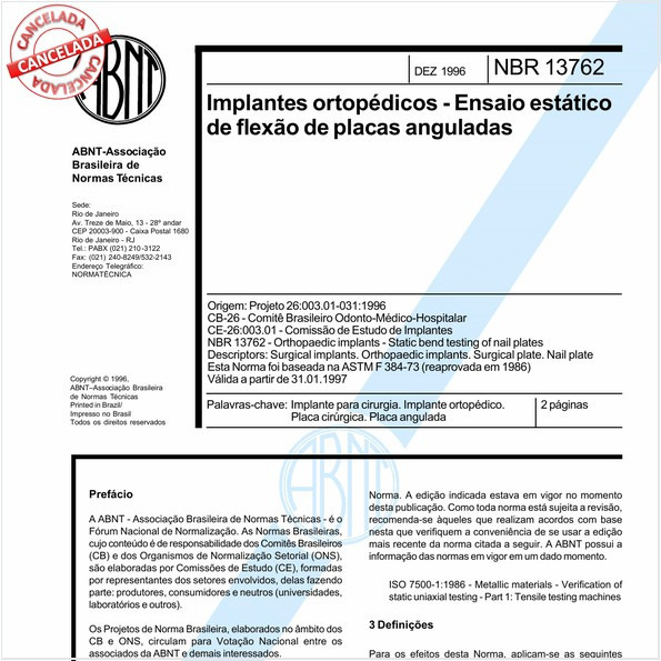 Implantes ortopédicos - Ensaio estático de flexão de placas anguladas