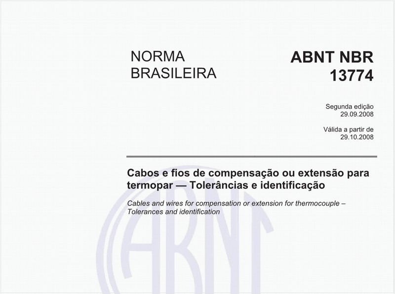 Cabos e fios de compensação ou extensão para termopar - Tolerâncias e identificação