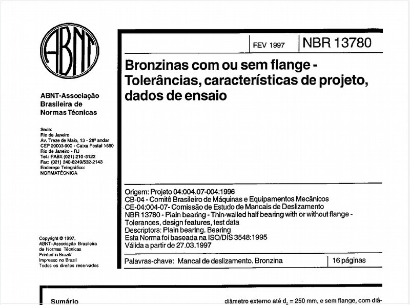 Bronzidas com ou sem flange - Tolerâncias, características de projeto, dados de ensaio