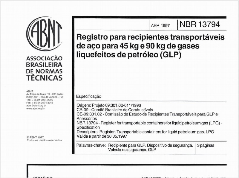 Registro para recipientes transportáveis de aço para 45 kg e 90 kg de gases liquefeitos de petróleo (GLP)