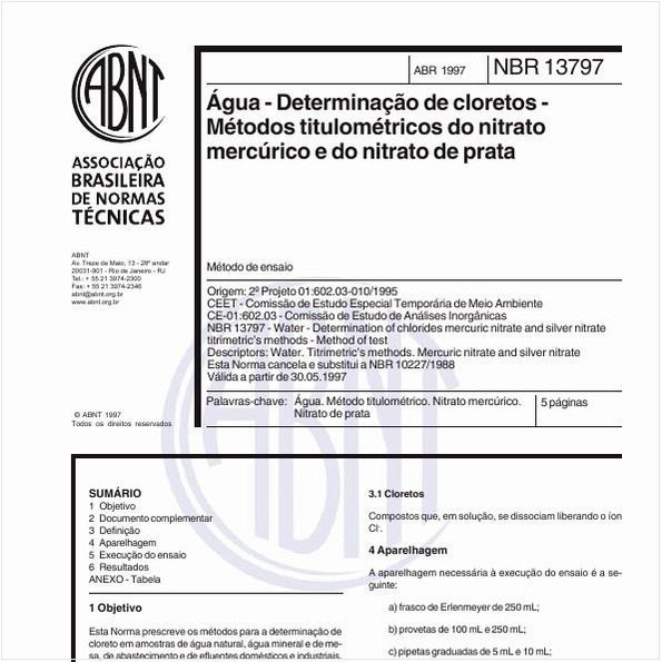 Água - Determinação de cloretos - Métodos titulométricos do nitrato mercúrico e do nitrato de prata