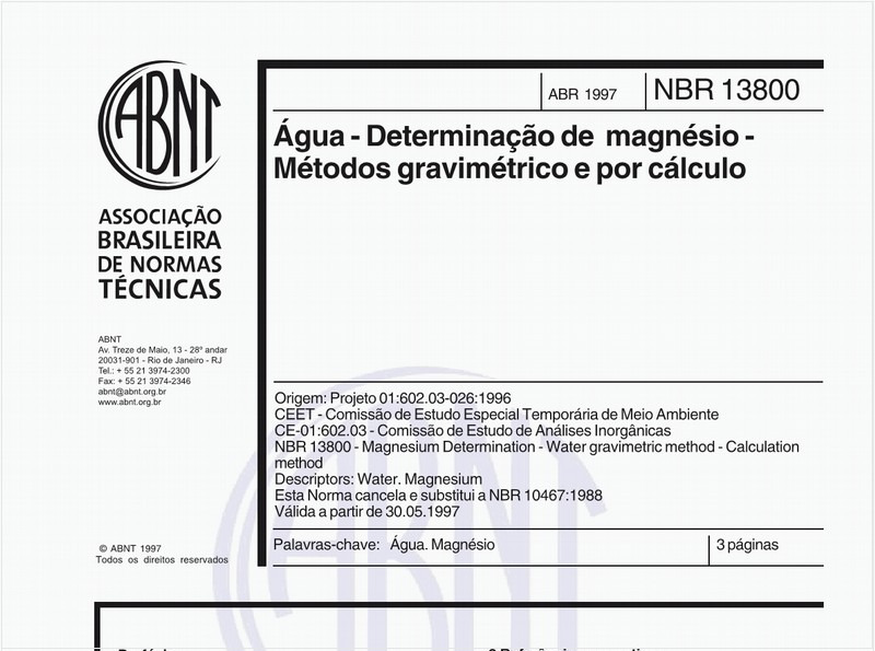 Água - Determinação de magnésio - Métodos gravimétrico e por cálculo