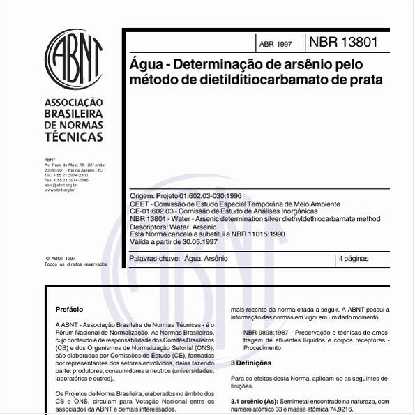 Água - Determinação de arsênio pelo método de dietilditiocarbamato de prata