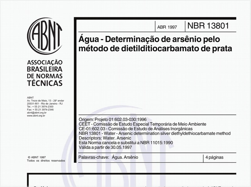 Água - Determinação de arsênio pelo método de dietilditiocarbamato de prata