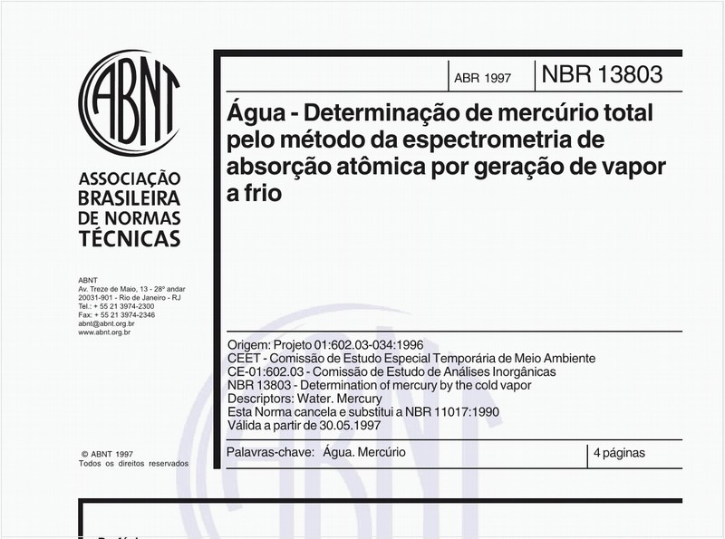 Água - Determinação de mercúrio total pelo método da espectrometria de absorção atômica por geração de vapor a frio