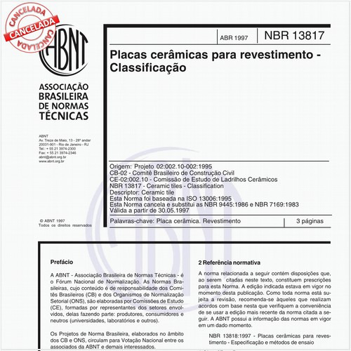 Placas cerâmicas para revestimento - Classificação