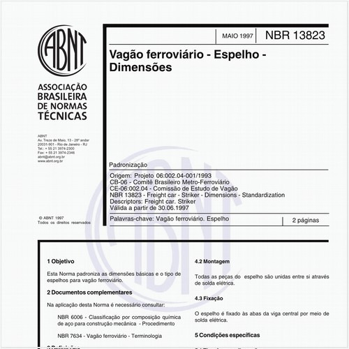 Vagão ferroviário - Espelho - Dimensões