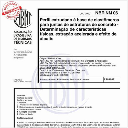 Perfil extrudado à base de elastômeros para juntas de estruturas de concreto - Determinação de características físicas, extração acelerada e efeito de álcalis