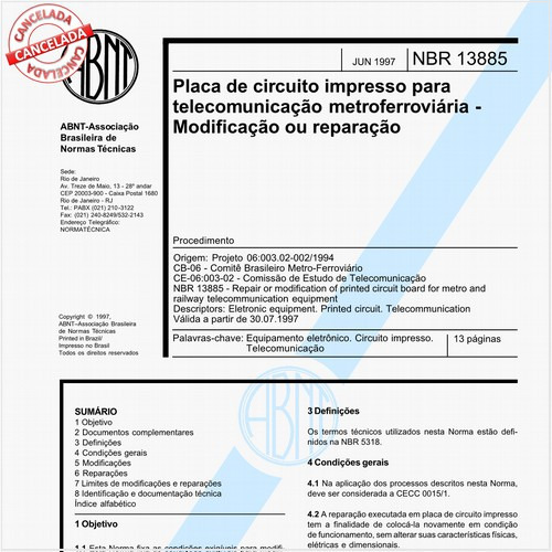 Placa de circuito impresso para telecomunicação metroferroviária - Modificação ou reparação - Procedimento