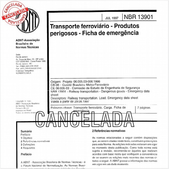 Transporte ferroviário - Produtos perigosos - Ficha de emergência