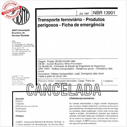 Transporte ferroviário - Produtos perigosos - Ficha de emergência