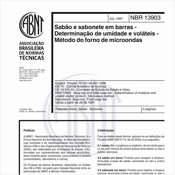 Sabão e sabonete em barras - Determinação de umidade e voláteis - Método do forno de microondas