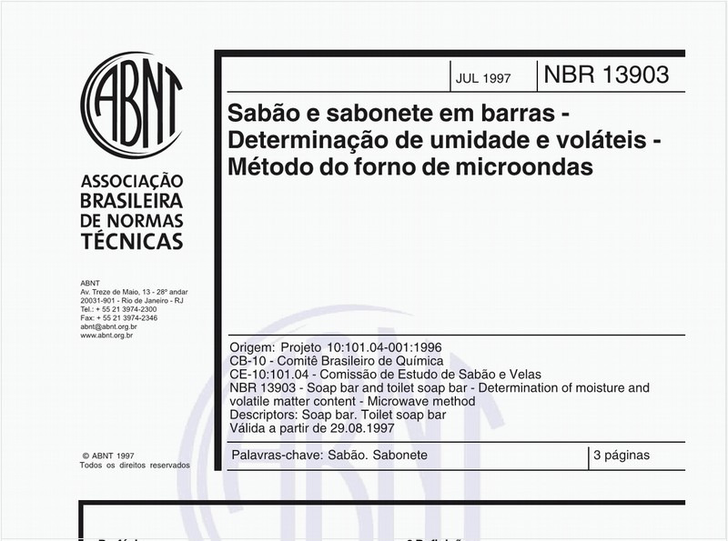 Sabão e sabonete em barras - Determinação de umidade e voláteis - Método do forno de microondas