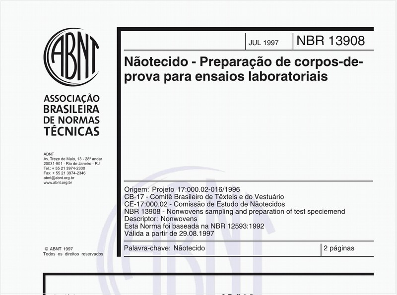 Nãotecido - Preparação de corpos-de-prova para ensaios laboratoriais