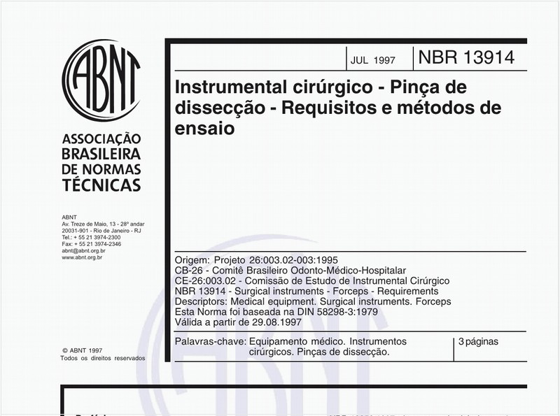 Instrumental cirúrgico - Pinça de dissecção - Requisitos e métodos de ensaio