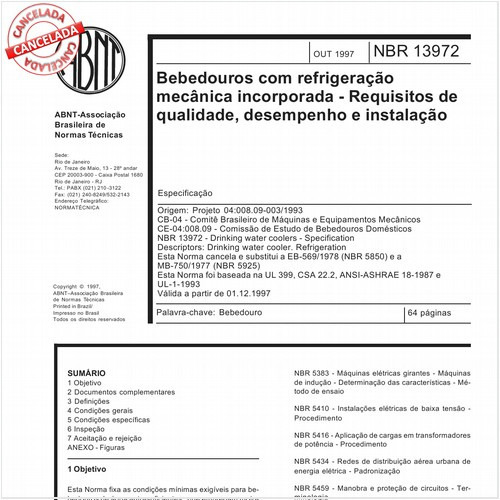 Bebedouros com refrigeração mecânica incorporada - Requisitos de qualidade, desempenho e instalação