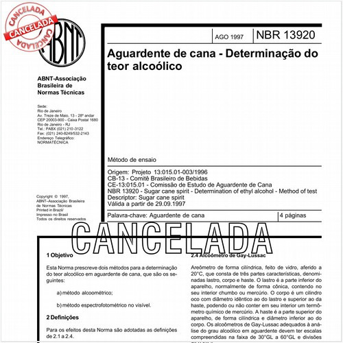 Aguardente de cana - Determinação do teor alcoólico