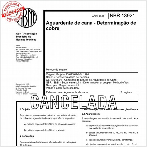 Aguardente de cana - Determinação de cobre