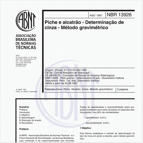 Piche e alcatrão - Determinação de cinza - Método gravimétrico