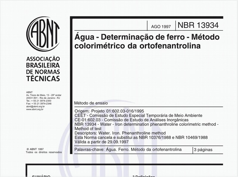 Água - Determinação de ferro - Método colorimétrico da ortofenantrolina