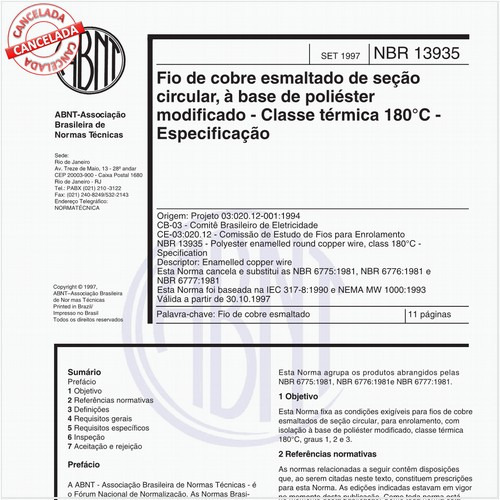 Fio de cobre esmaltado de seção circular, à base de poliéster modificado - Classe térmica 180 graus Celsius - Especificação