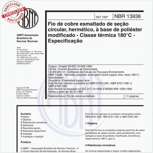 Fio de cobre esmaltado de seção circular, hermético, à base de poliéster modificado - Classe térmica 180 graus Celsius - Especificação