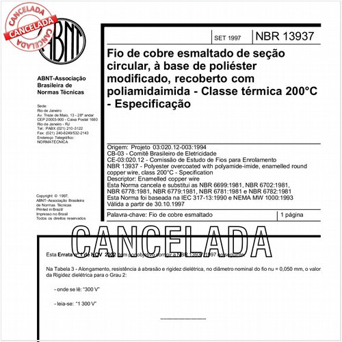 Fio de cobre esmaltado de seção circular, à base de poliéster modificado, recoberto com poliamidaimida - Classe térmica 200 graus Celsius - Especificação