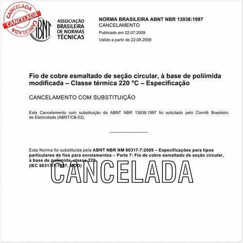 Fio de cobre esmaltado de seção circular, à base de poliimida modificada - Classe térmica 220 graus Celsius - Especificação