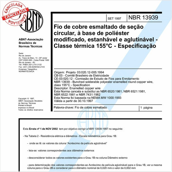Fio de cobre esmaltado de seção circular, à base de poliéster modificado, estanhável e aglutinável - Classe térmica 155 graus Celsius - Especificação