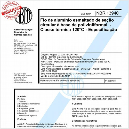 Fio de alumínio esmaltado de seção circular à base de polivinilformal - Classe térmica 120 graus Celsius - Especificação