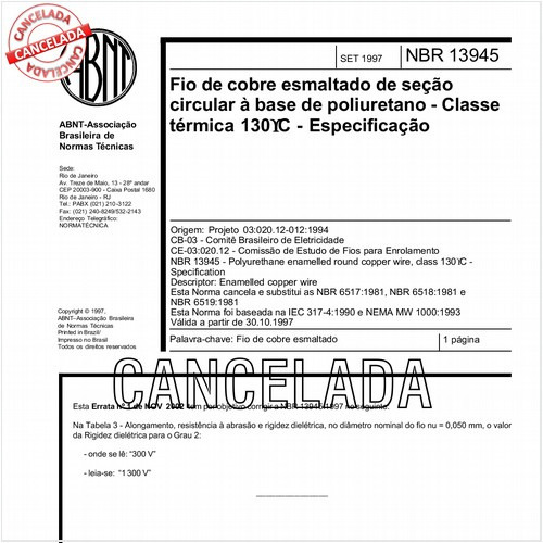 Fio de cobre esmaltado de seção circular à base de poliuretano - Classe térmica 130 graus Celsius - Especificação