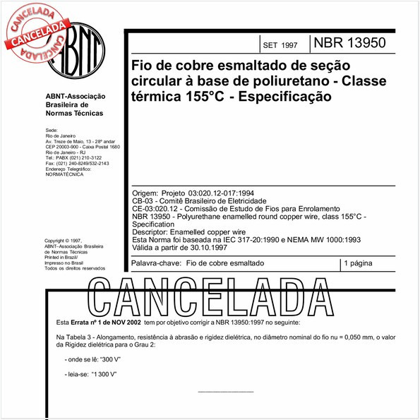 Fio de cobre esmaltado de seção circular à base de poliuretano - Classe térmica 155 graus Celsius - Especificação