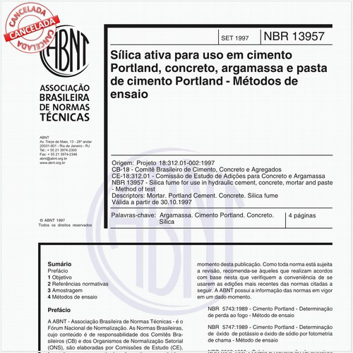 Sílica ativa para uso em cimento Portland, concreto, argamassa e pasta de cimento Portland - Métodos de ensaio