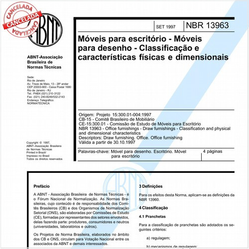 Móveis para escritório - Móveis para desenho - Classificação e características físicas e dimensionais