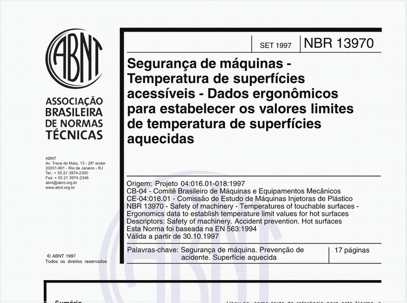 Segurança de máquinas - Temperatura de superfícies acessíveis - Dados ergonômicos para estabelecer os valores limites de temperatura de superfícies aquecidas