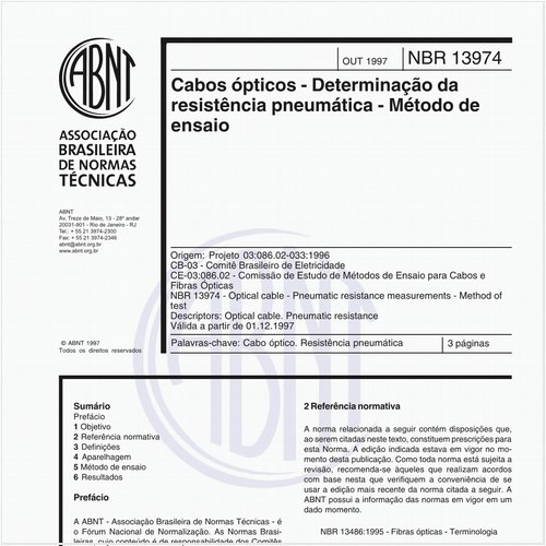 Cabos ópticos - Determinação da resistência pneumática - Método de ensaio