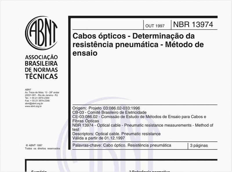Cabos ópticos - Determinação da resistência pneumática - Método de ensaio