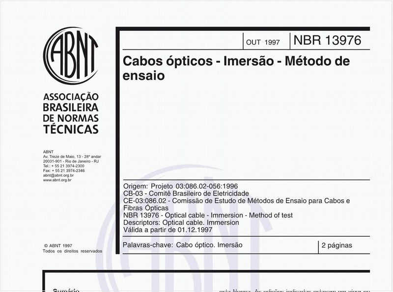 Cabos ópticos - Imersão - Método de ensaio