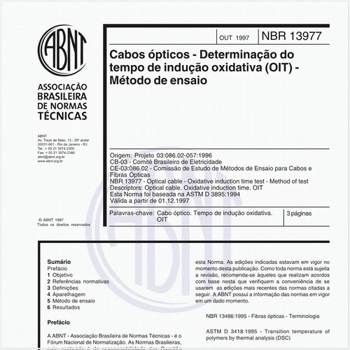 Cabos ópticos - Determinação do tempo de indução oxidativa (OIT) - Método de ensaio