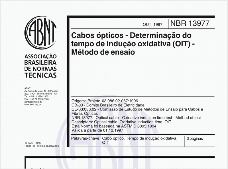 Cabos ópticos - Determinação do tempo de indução oxidativa (OIT) - Método de ensaio