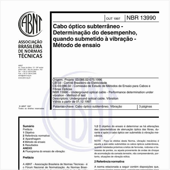 Cabo óptico subterrâneo - Determinação do desempenho, quando submetido à vibração - Método de ensaio