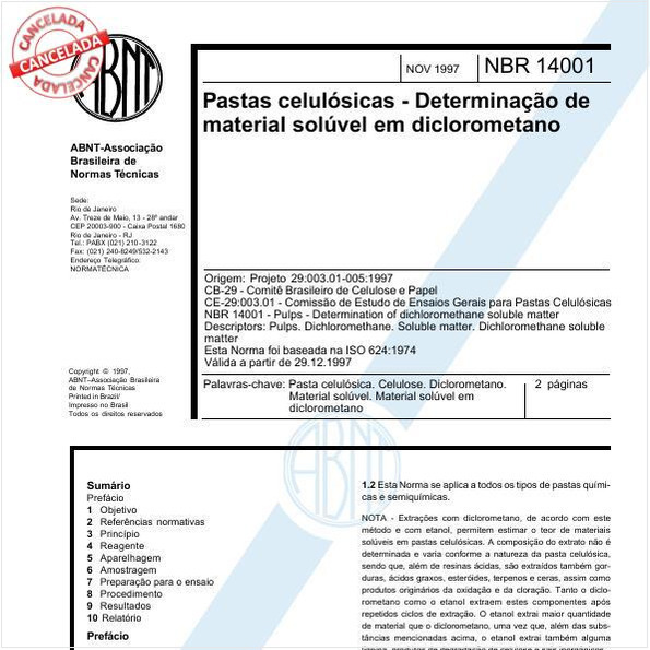 Pastas celulósicas - Determinação de material solúvel em diclorometano