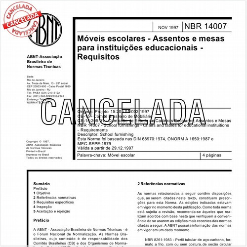 Móveis escolares - Assentos e mesas para instituições educacionais - Requisitos